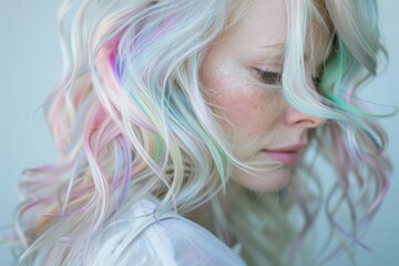Close up of a young woman with colorful pastel rainbow hair highlights