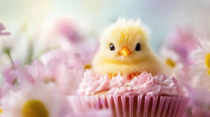 Cute chick on a cupcake surrounded by flowers