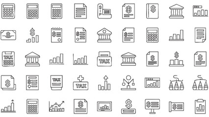 Comprehensive collection of finance and business outline icons featuring accounting tools financial documents and market analysis symbols in a modern design