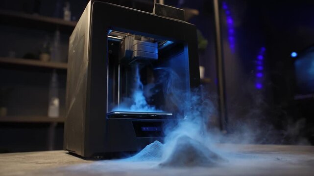 Medium shot capturing the calibration process of a powderbased 3D printer adjusting laser settings for uniform powder layering and precise sintering results.