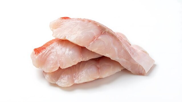 Stack of three fresh raw snapper fish fillets with delicate pink flesh and hints of red skin presented against a clean white background for culinary use
