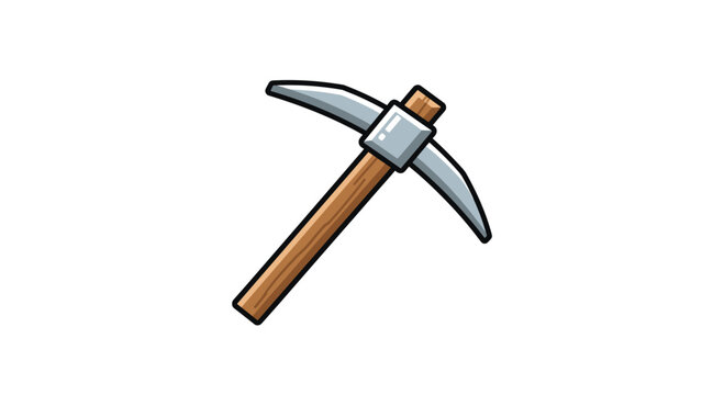 Mining pickaxe tool with a metal head and wooden handle depicted in a simple and clean cartoon style for various projects.