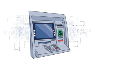 Automated teller machine or atm for banking services with binary code background representing digital financial transactions.