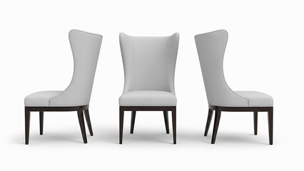 Fototapeta premium Three Gray Upholstered Dining Chairs with Dark Wood Legs three chairs gray upholstery