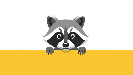 Fototapeta premium Playful raccoon peeks over a yellow ledge with curious eyes and a mischievous expression, creating a charming scene.