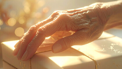 Timeless Touch: A tender hand, etched with the marks of time, delicately rests upon a wrapped gift, bathed in a warm, nostalgic glow.