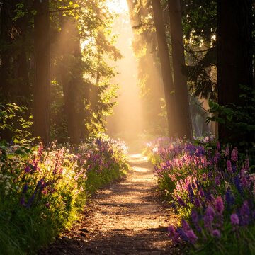 Sun rays through a forest path with flowers