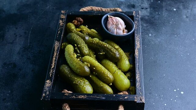 Fresh pickles and garlic served in a rustic tray with a dark background