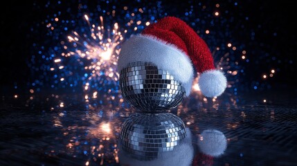 Disco ball wearing Santa hat reflects lights during festive season