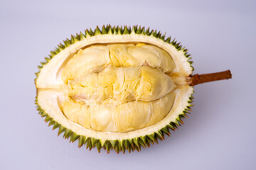 Fototapeta premium Premium shot of a halved durian fruit, revealing rich creamy yellow pulp and a sharp spiky husk. Fresh tropical exotic fruit isolated on a plain white background
