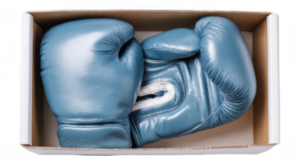 White boxing gloves are neatly placed inside an open box, set against a transparent background, ready for immediate use in training or competition