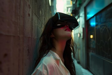 Stylish young woman wearing virtual reality headset exploring metaverse in dark city alley