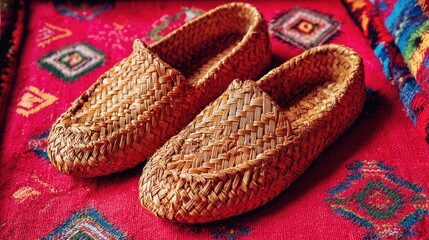 Woven straw slippers resting on a vibrant red ethnic rug