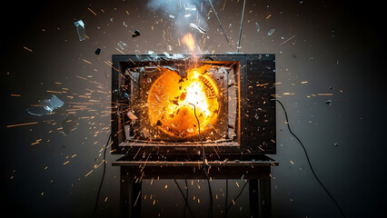 Vintage Television Exploding with Sparks and Shattered Glass