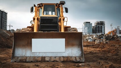 Heavy duty bulldozer or front end loader on a muddy construction site, featuring a blank advertising board on the rusty shovel bucket, blurred urban development background.