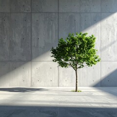 A single, vibrant green tree stands in a spacious, light-filled concrete interior.  Sunlight streams in, casting shadows on the floor