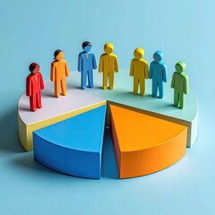 Diverse figures stand around a pie chart,  divided into colored segments