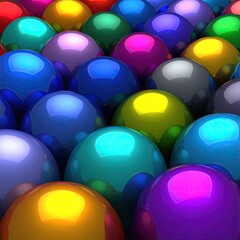 Close-up of many colorful, glossy spheres