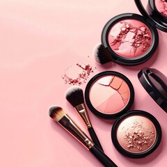Pink blush palettes and brushes on a pink background