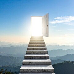 A stairway leading to an open door bathed in light, with mountain ranges in the background