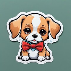 Fototapeta premium Cute cartoon puppy wearing a bow tie with big expressive eyes looks playfully at the viewer on a soft green background