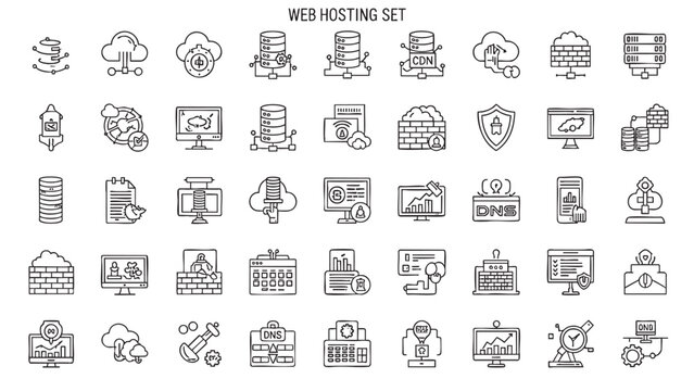 Comprehensive web hosting server and network technology icon set in outline style illustrating modern digital services