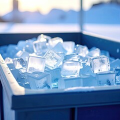 Ice cubes in a gray outdoor container. Sunlight shines on clear, frosty cubes