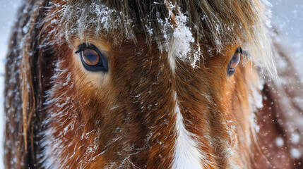 Front view of a brown horse head with a frozen nose and mane, an extreme close-up wild animal portrait in snow, cold nature details.