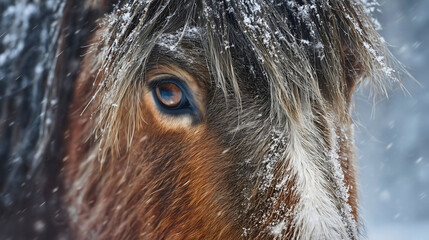 Close-up of a horse eye with snowflakes on the mane, a brown animal face portrait in a winter storm, a cold weather nature background.