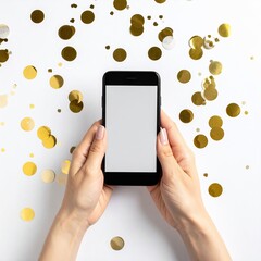 A black smartphone held by hands against a backdrop of gold confetti