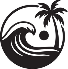 Minimalist Tropical Beach Wave and Palm Tree Circle Logo