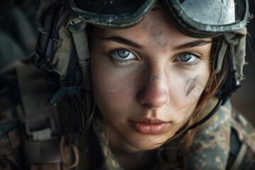 Obraz premium Close up of determined female soldier demonstrating strength and resilience in a military setting