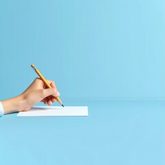 A hand holds a pencil over a blank sheet of paper