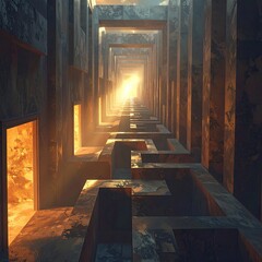 A sunlit, stone corridor.  A maze-like pathway narrows into a bright light