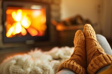 Obraz premium Woman wearing knitted socks warming up feet by the fireplace in winter