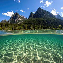 Crystal-clear lake, mountains, and forest