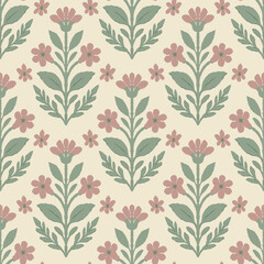Soft floral pattern seamless vintage flower illustration with pastel pink blossoms and green leaves on beige background for textile fabric wallpaper surface design.