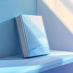 Light-blue book on light-blue shelf. Soft, pastel hues
