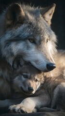 Obraz premium Mother Wolf Protecting Pup Tenderly