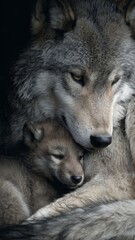 Fototapeta premium Mother Wolf Protecting Pup Tenderly