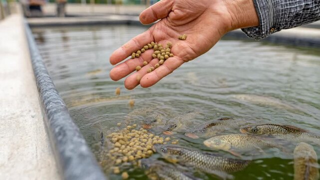 A close-up shot of a person feeding fish in a pond with pellets, showcasing aquaculture practices.