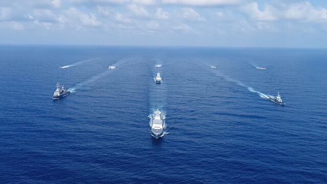 Israeli Navy fleet Missile Boats Aerial view

Drone view of Israeli Navy Sa ar class missile boats sailing in coordinated formation in open sea, Israel, November 2025.
