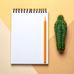 Blank spiral notebook, pencil, and cactus on a two-toned background