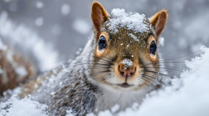 Fototapeta premium Portrait of a cute squirrel looking at camera in winter snow, a funny wild animal face with snowflakes on nose, cold nature concept.