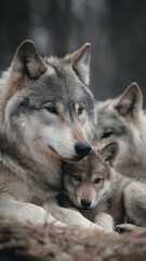 Fototapeta premium Wolf Family Cuddling Protectively in Forest