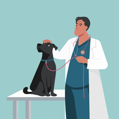 Minimalist Vector Illustration of Veterinarian Examining Dog