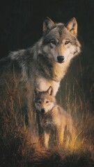 Fototapeta premium Wolves Embracing Tenderly at Sunset