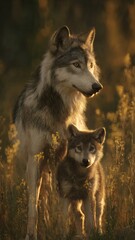 Obraz premium Wolves Embracing Tenderly at Sunset