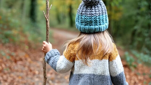 A child wearing a warm knitted sweater and hat walks down a forest path holding a stick in autumn.