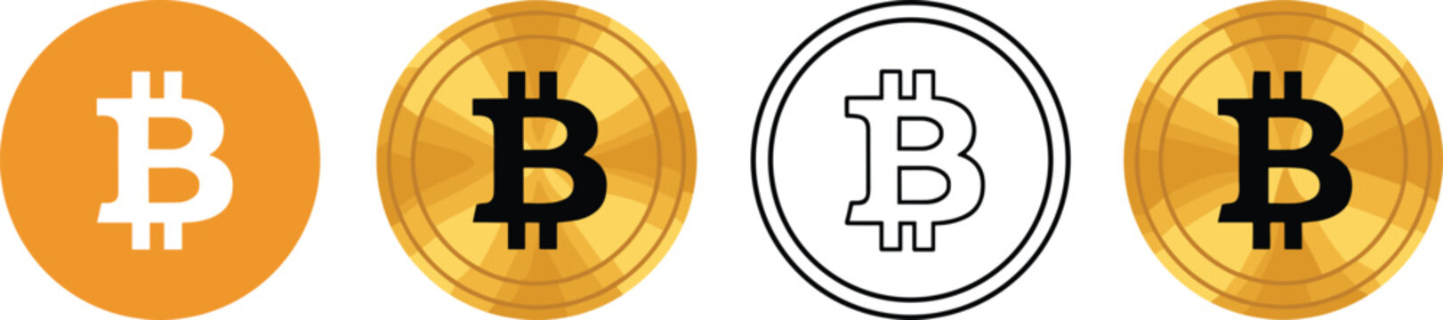Collection of four distinct Bitcoin cryptocurrency icons featuring gold 3D styles flat orange circles and black line art.